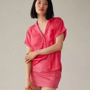 Anthropologie Classic Surf Satin Short Sleeve Button Down Shirt Pink Size Small